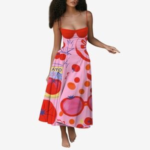 Viral Tomato Print Bustier Midi Dress Pink Red Novelty Graphic 3XL Fits US 14/16